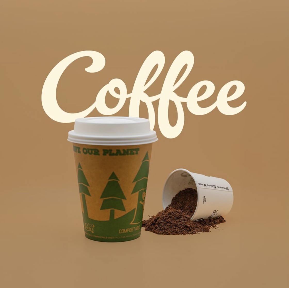 Eco-friendly coffee cup with spilled ground coffee